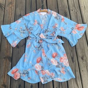 BIRDY GREY Dusty Blue Floral Kenny Ruffle Robe